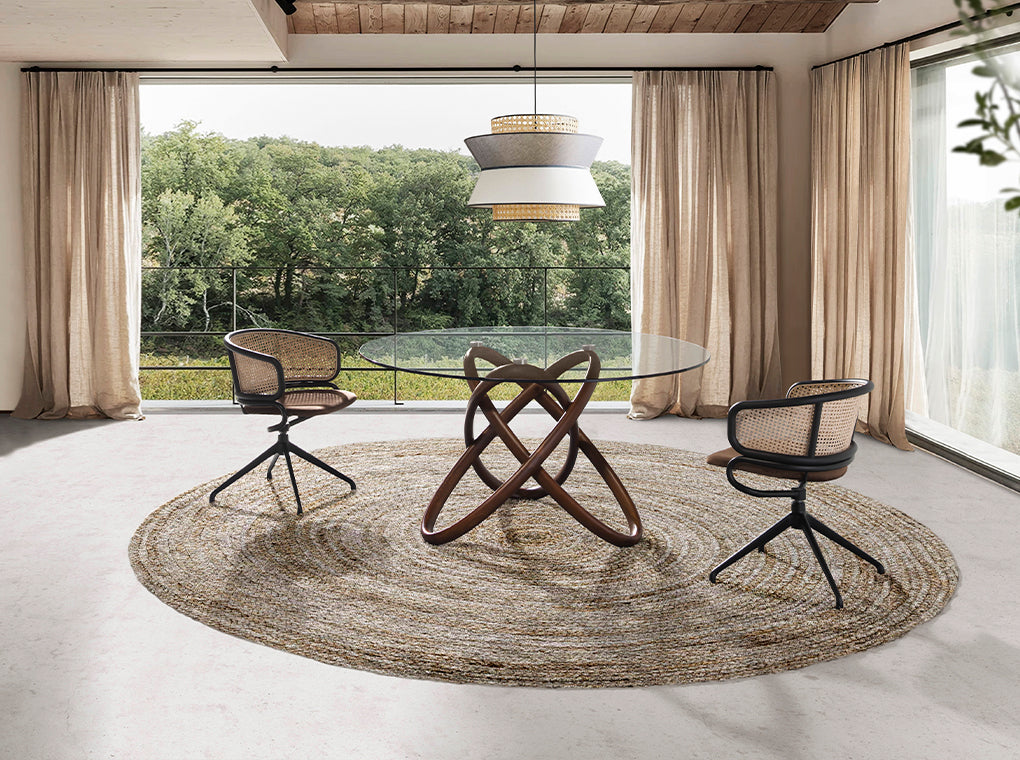 Mesa de comedor redonda de vidrio y fresno nogal ø140cm Angel Cerdá