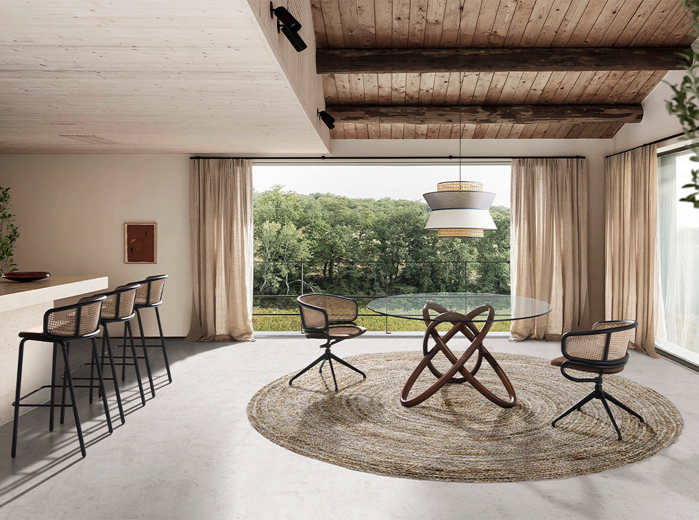 Mesa de comedor redonda de vidrio y fresno nogal ø140cm Angel Cerdá