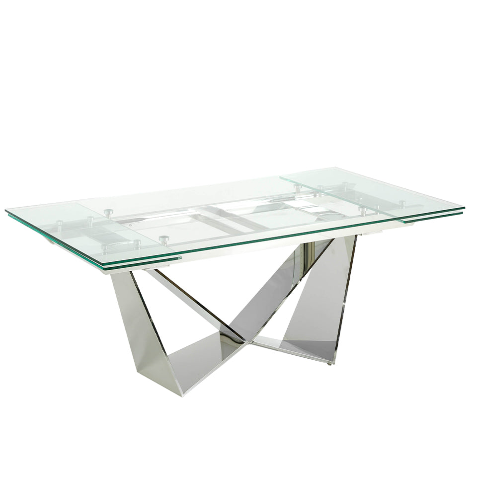 Mesa de comedor de vidrio con extensiones y patas de acero inoxidable Angel Cerdá