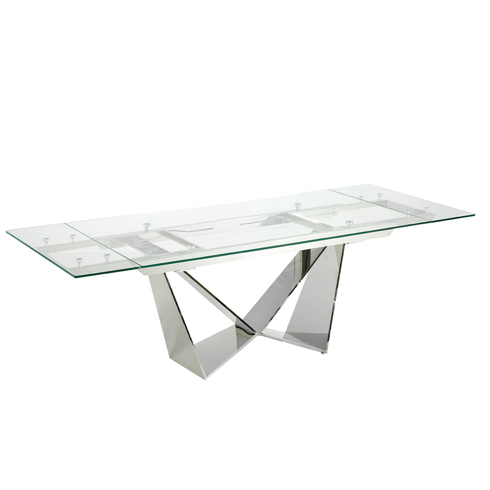 Mesa de comedor de vidrio con extensiones y patas de acero inoxidable Angel Cerdá