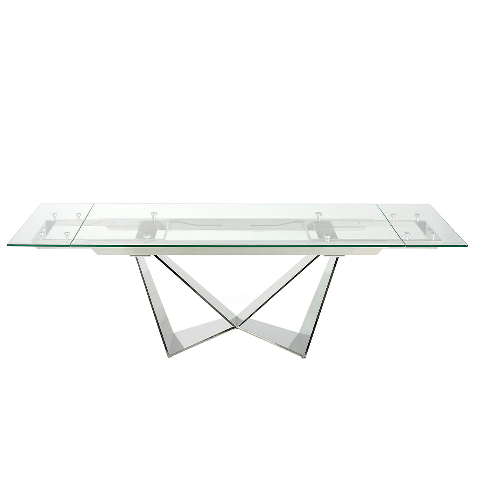 Mesa de comedor de vidrio con extensiones y patas de acero inoxidable Angel Cerdá