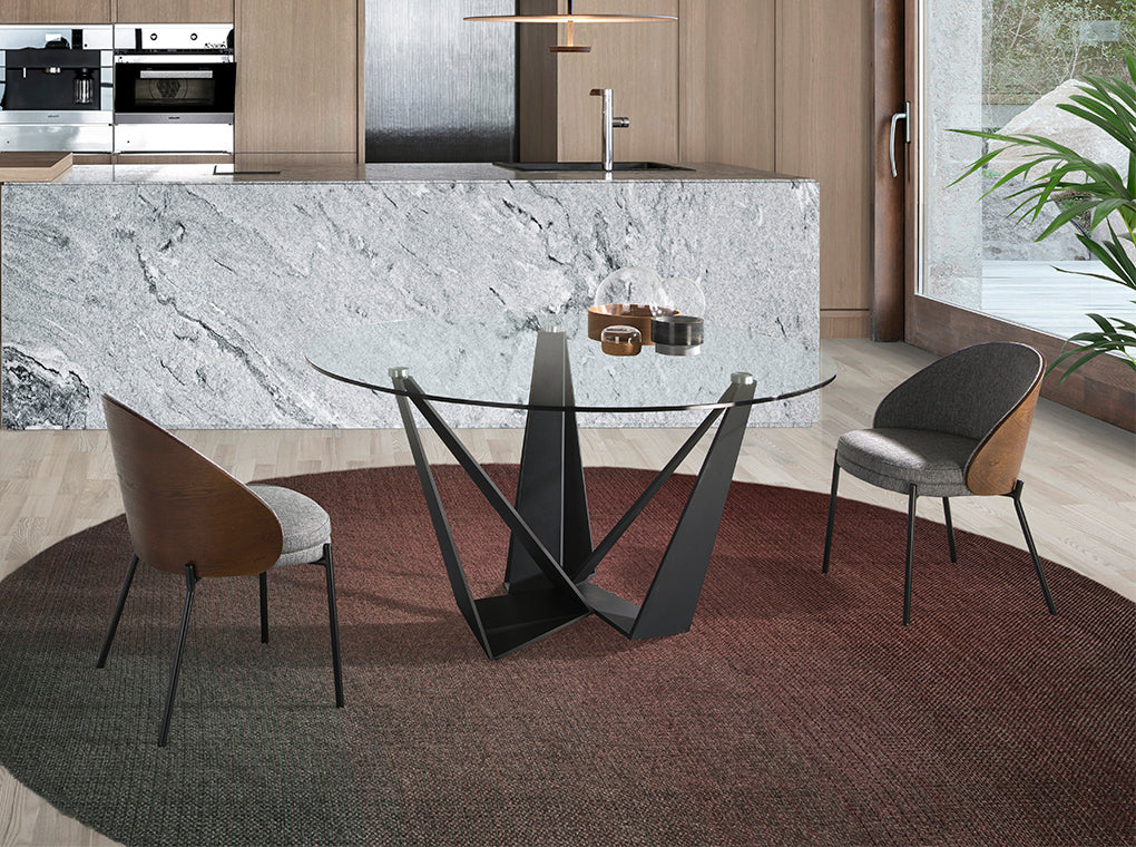 Mesa de comedor redonda con tapa de vidrio y soporte de acero inoxidable ø150cm Angel Cerdá