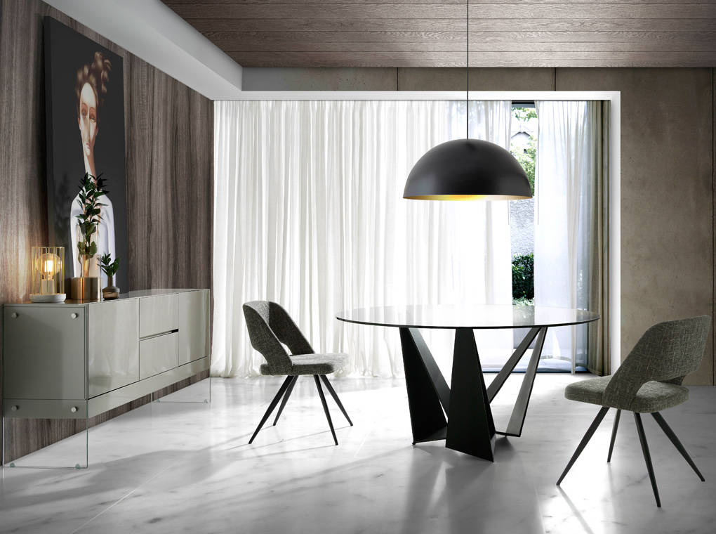 Mesa de comedor redonda con tapa de vidrio y soporte de acero inoxidable ø150cm Angel Cerdá