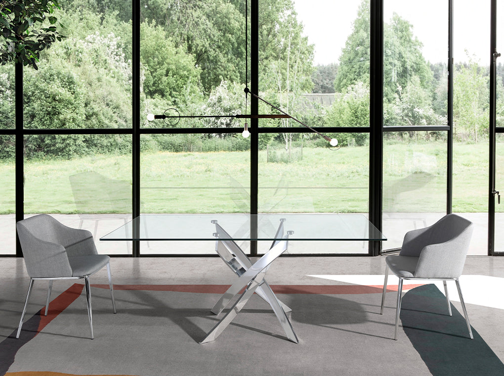 Mesa de comedor de vidrio con base de acero inoxidable 180x95 Angel Cerdá