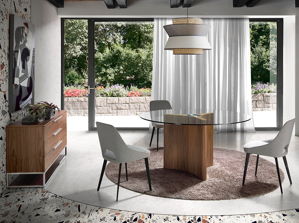 Mesa de comedor redonda de vidrio templado y madera de pino ø150cm Angel Cerdá