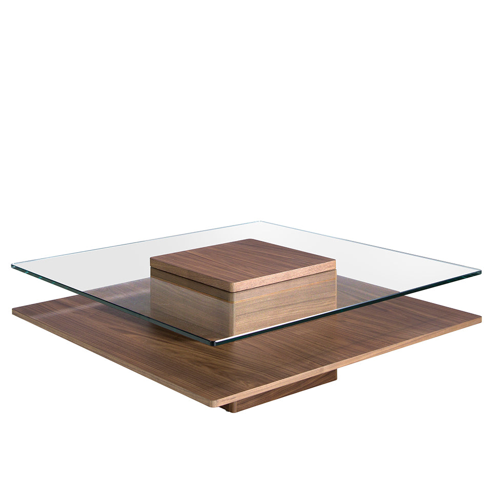 Mesa de café de nogal y vidrio con diseño cuadrado de Angel Cerdá