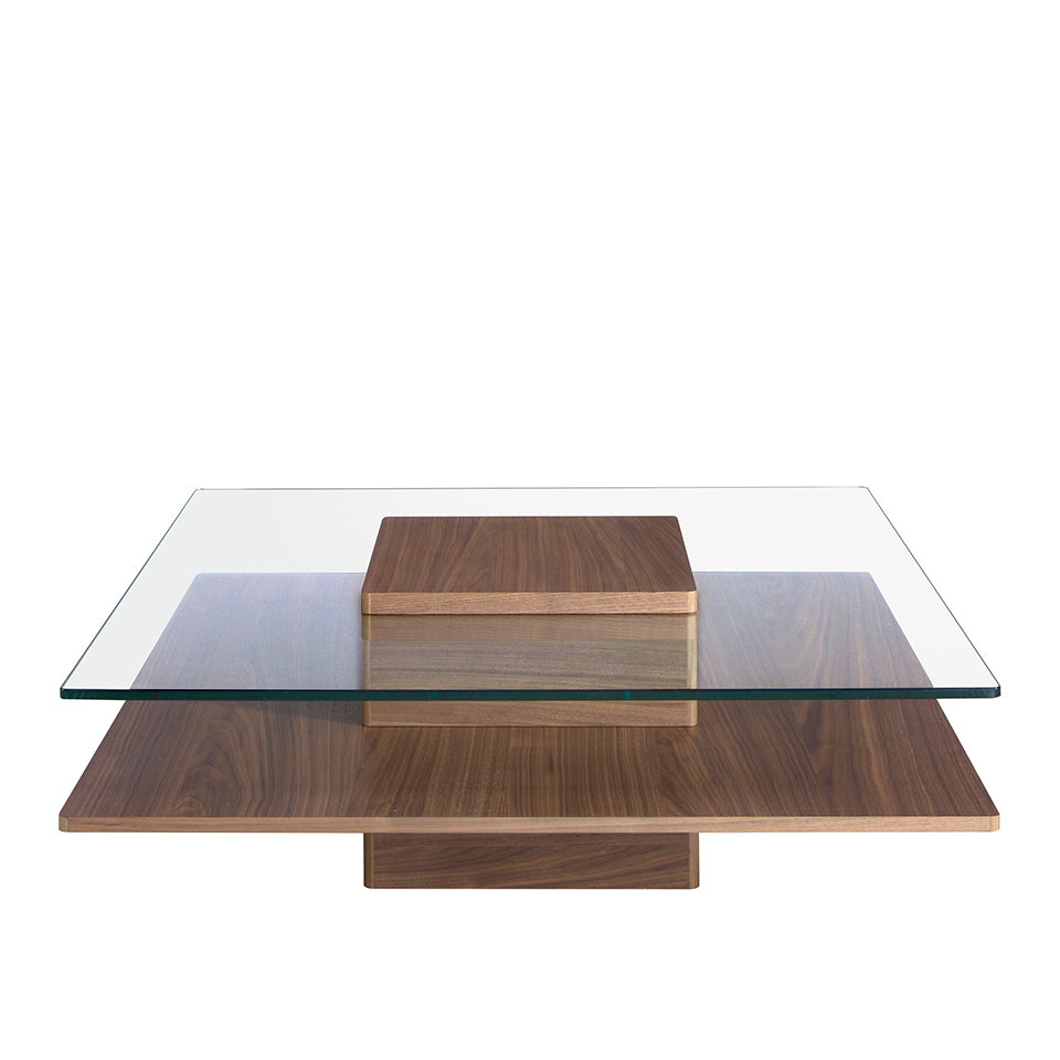 Mesa de café de nogal y vidrio con diseño cuadrado de Angel Cerdá
