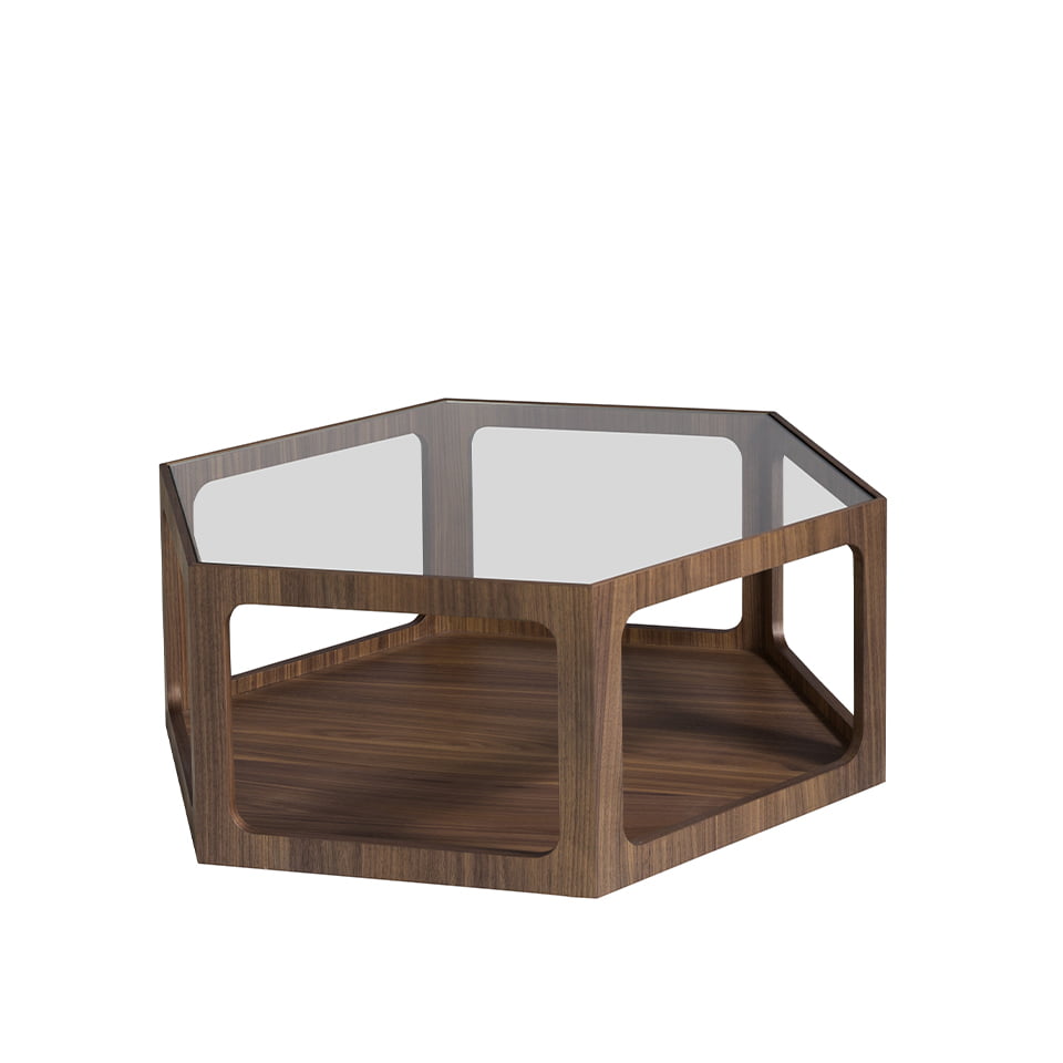 Mesa de café hexagonal de nogal con tapa de cristal de Angel Cerdá