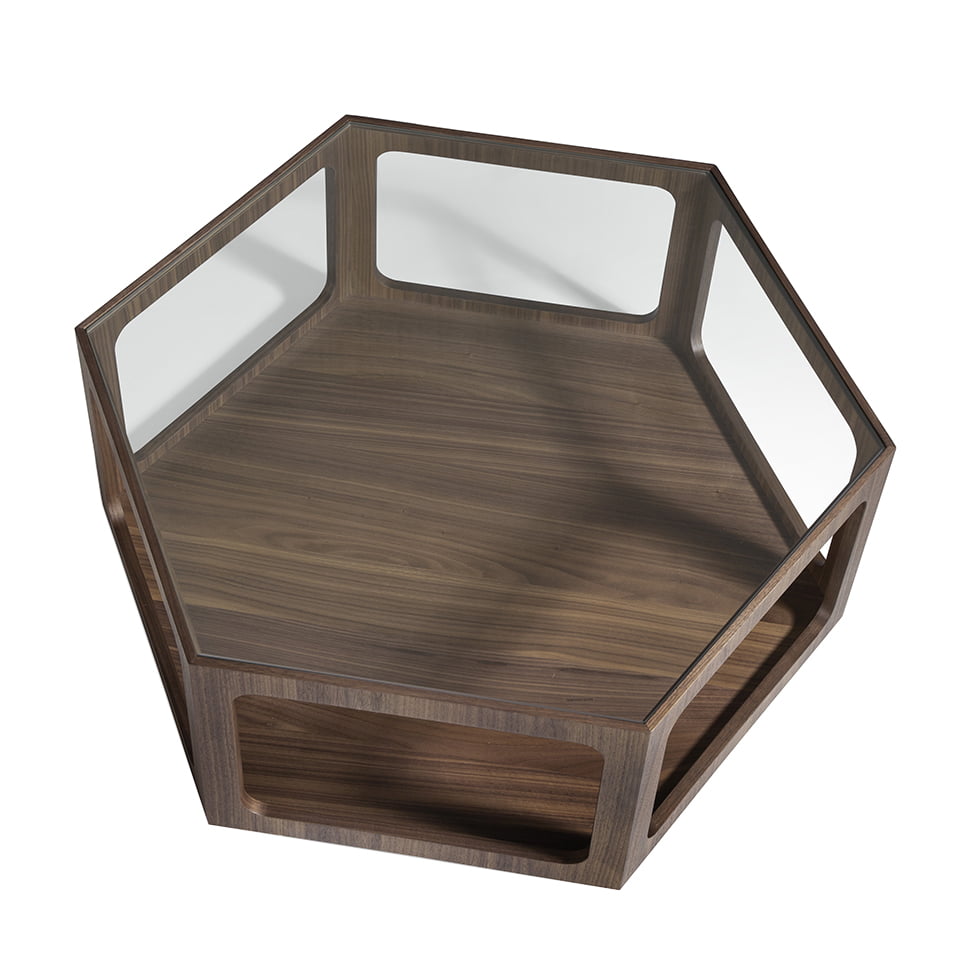 Mesa de café hexagonal de nogal con tapa de cristal de Angel Cerdá