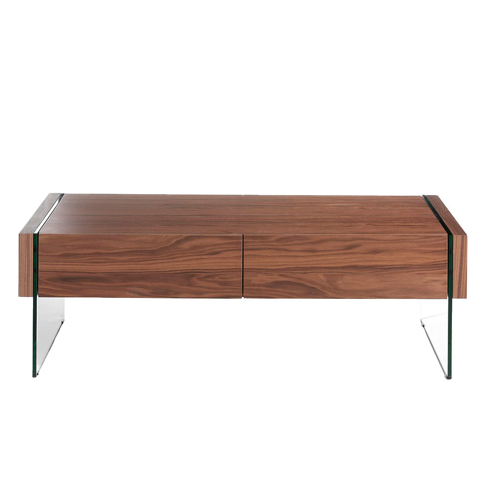 Mesa de café de madera chapada en nogal con patas de vidrio templado Angel Cerdá