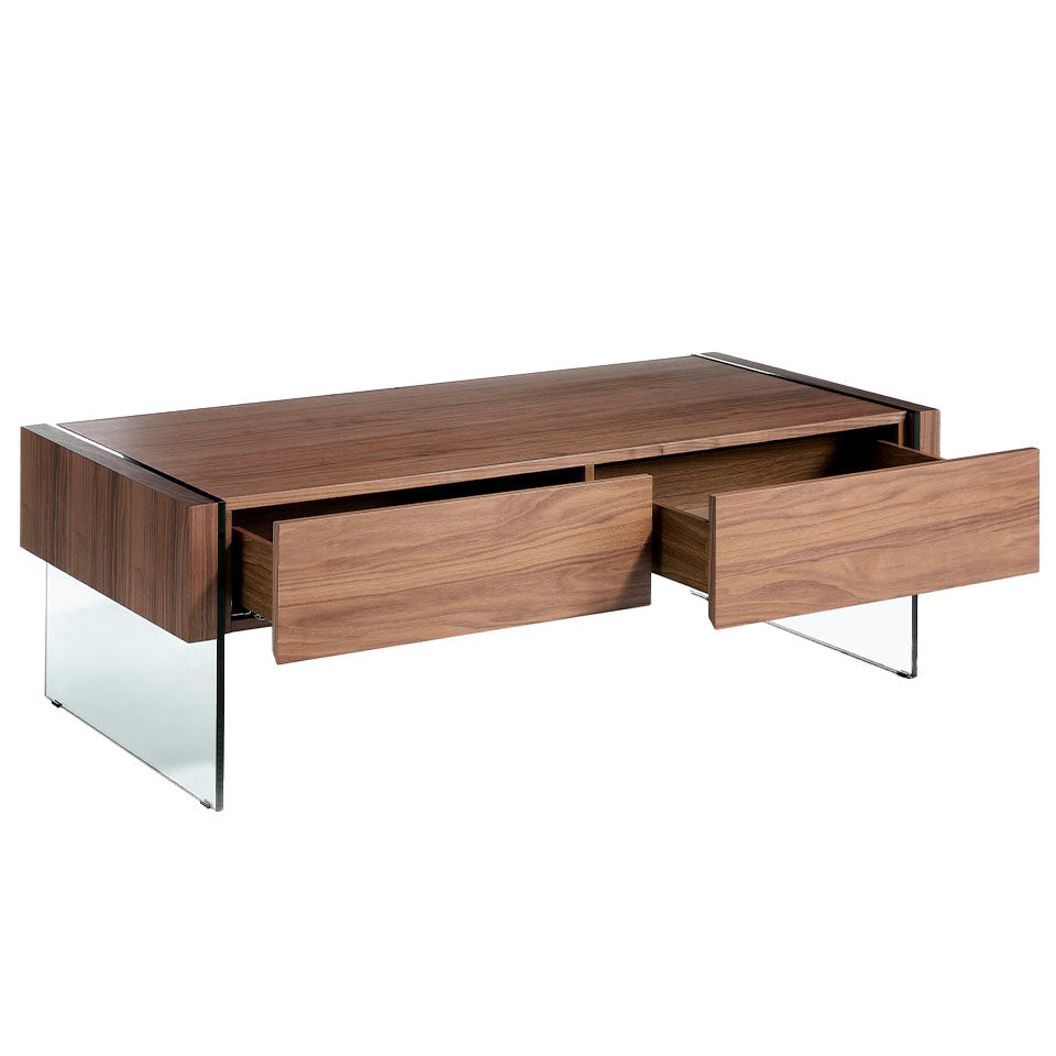 Mesa de café de madera chapada en nogal con patas de vidrio templado Angel Cerdá