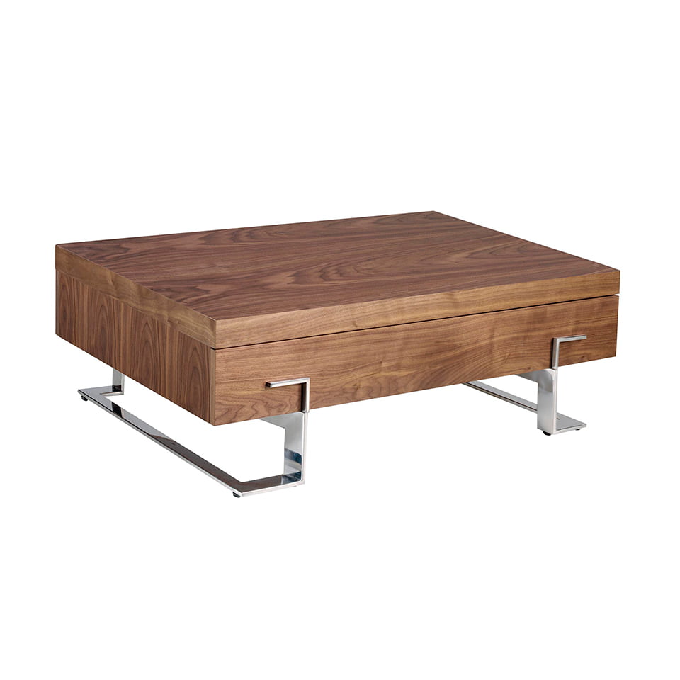 Mesa de café de madera de nogal con estructura de acero inoxidable cromado Angel Cerdá
