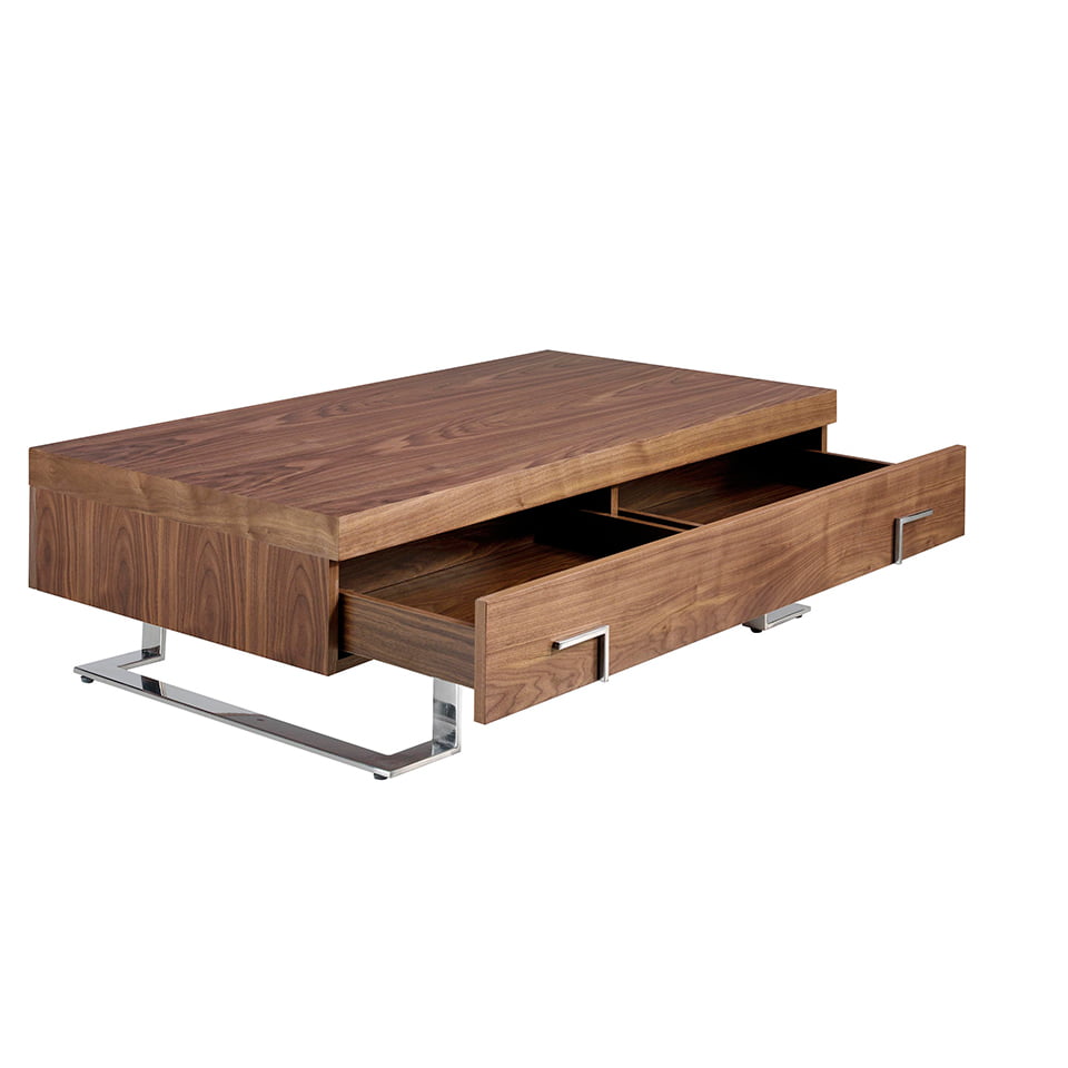 Mesa de café de madera de nogal con estructura de acero inoxidable cromado Angel Cerdá