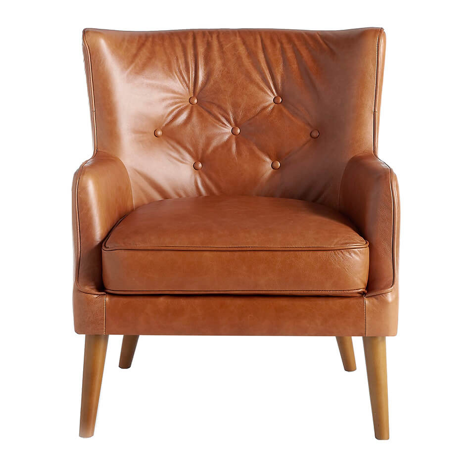 Sillón Chester de piel marrón con estructura de madera de nogal de Angel Cerdá