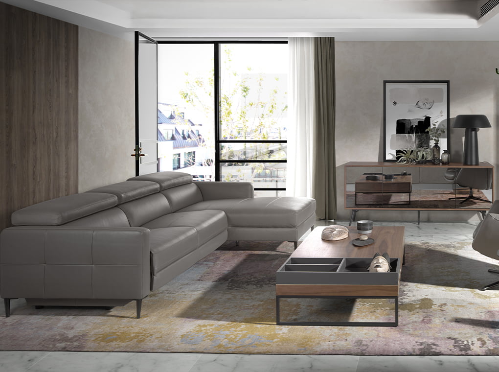 Sofá Chaise Longue de Cuero Gris Oscuro con Mecanismo de Relajación Angel Cerdá