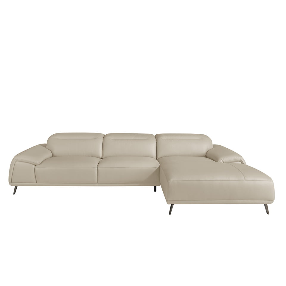 Sofá con chaise longue de piel de vaca en tono taupe de Angel Cerdá