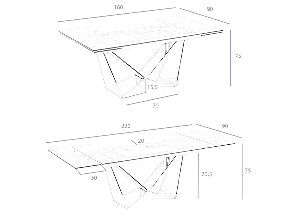 Mesa de comedor de vidrio con extensiones y patas de acero inoxidable Angel Cerdá