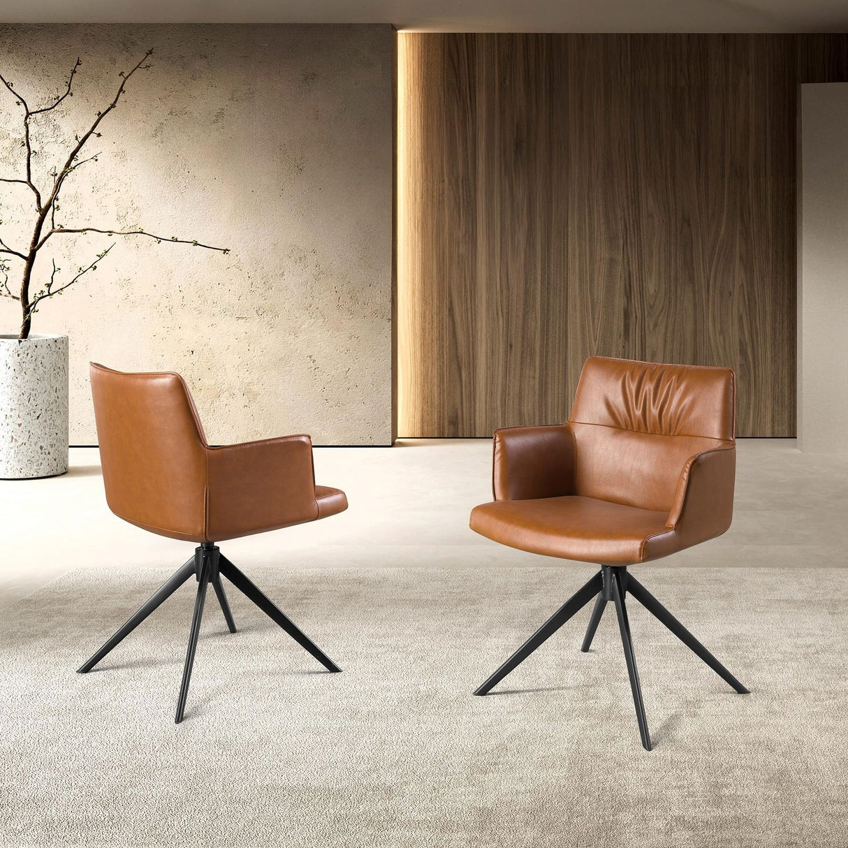 Silla giratoria marrón coñac con patas negras | Luxet.es
